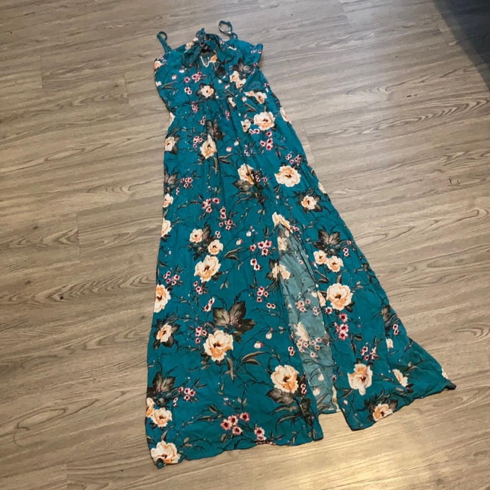 Teal floral maxi dress with slit